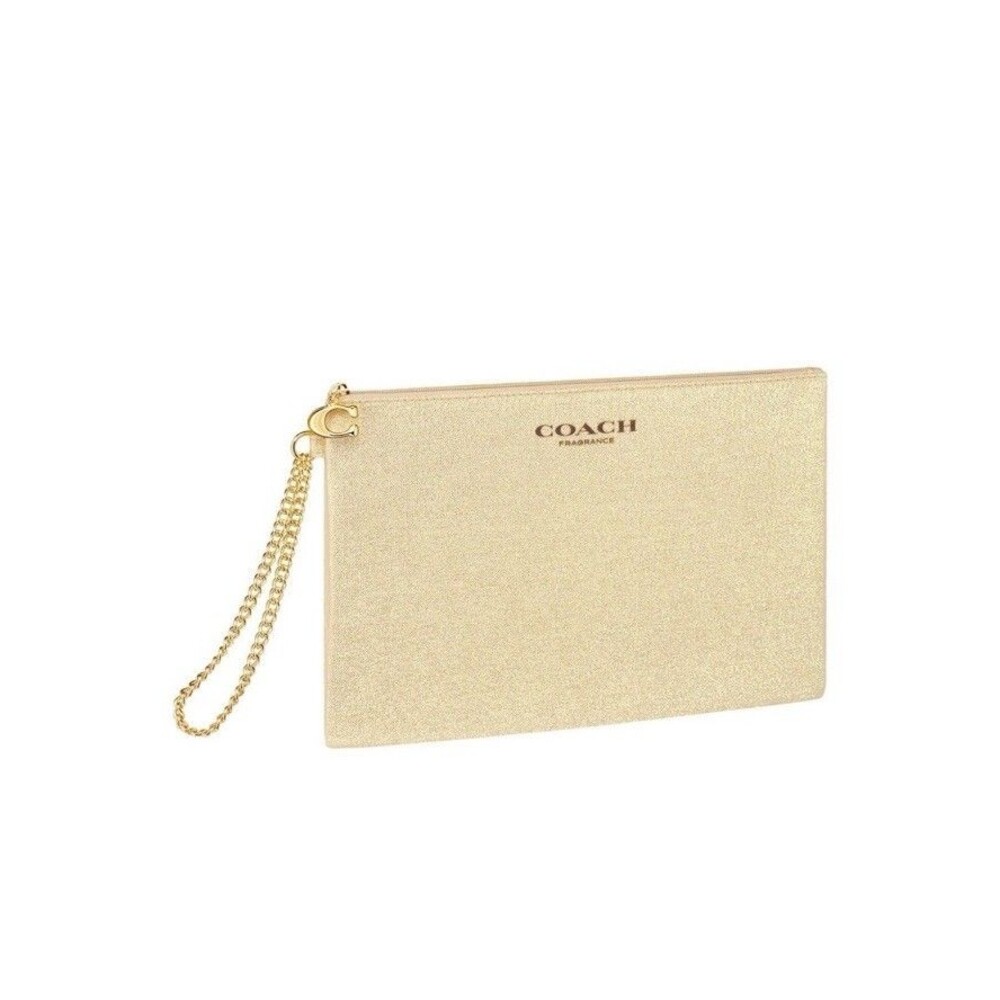 COACH Fragrance Gold Shimmer Logo Evening Pouch Bag with gold chain NEW